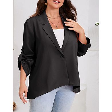 Women's Plus Size Blazer Button Cuff Jacket with Adjustable Sleeves Asymmetric Hem