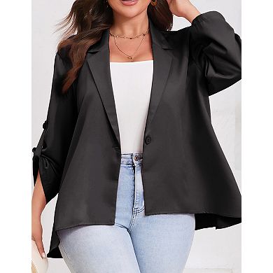 Women's Plus Size Blazer Button Cuff Jacket with Adjustable Sleeves Asymmetric Hem