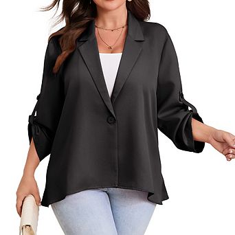 Women's Plus Size Blazer Button Cuff Jacket with Adjustable Sleeves Asymmetric Hem