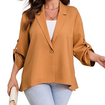 Women's Plus Size Blazer Button Cuff Jacket with Adjustable Sleeves Asymmetric Hem