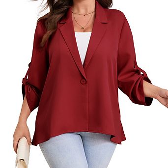 Women's Plus Size Blazer Button Cuff Jacket with Adjustable Sleeves Asymmetric Hem