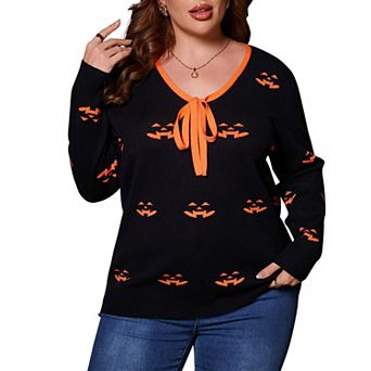 Women's Plus Size Fall Halloween Pumpkin Print Knit Sweater Shirt Long Sleeve Tie V Neck Casual Top