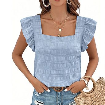 Women's Smocked Square Neck Ruffle Sleeveless Blouse Casual Summer Loose Fit Daily Vacation Top