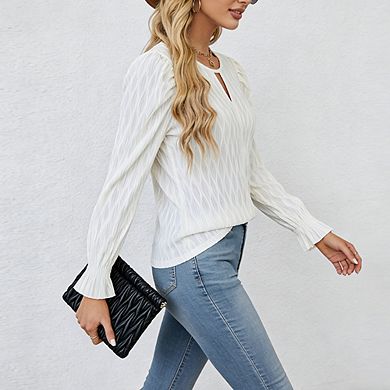 Women's Long Sleeve Blouse Round Neck Keyhole Detail Puff Sleeve Casual Shirt for Office Daily Wear