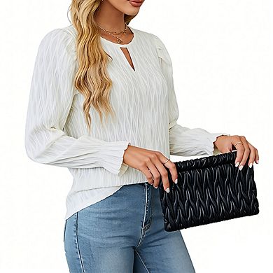 Women's Long Sleeve Blouse Round Neck Keyhole Detail Puff Sleeve Casual Shirt for Office Daily Wear