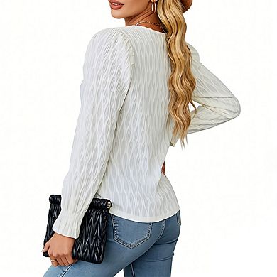 Women's Long Sleeve Blouse Round Neck Keyhole Detail Puff Sleeve Casual Shirt for Office Daily Wear