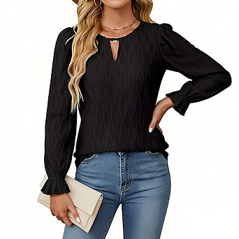 Women's Long Sleeve Blouse Round Neck Keyhole Detail Puff Sleeve Casual Shirt for Office Daily Wear