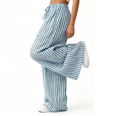 Striped Wide Leg Pants for Women Elastic Waist with Drawstring Loose Fit Casual Trousers
