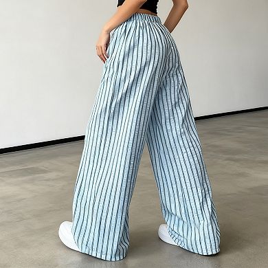 Striped Wide Leg Pants for Women Elastic Waist with Drawstring Loose Fit Casual Trousers