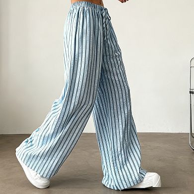 Striped Wide Leg Pants for Women Elastic Waist with Drawstring Loose Fit Casual Trousers