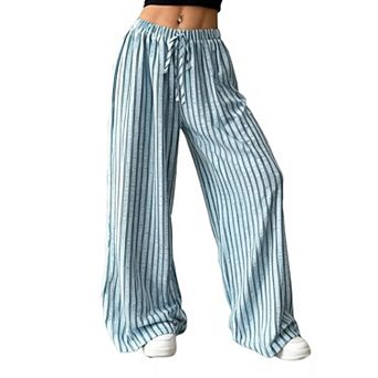 Striped Wide Leg Pants for Women Elastic Waist with Drawstring Loose Fit Casual Trousers