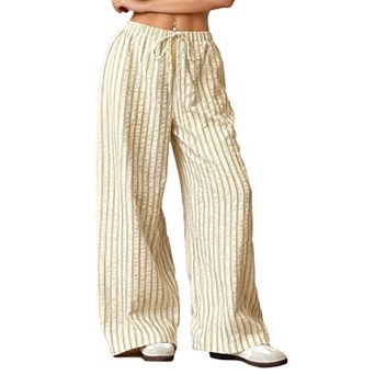 Striped Wide Leg Pants for Women Elastic Waist with Drawstring Loose Fit Casual Trousers