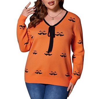 Women's Plus Size Fall Halloween Pumpkin Print Knit Sweater Shirt Long Sleeve Tie V Neck Casual Top