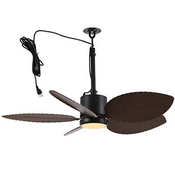 42" Tropical Style Black Leaf-Shaped Blades Ceiling Fan with Dimmable LED Light and Remote