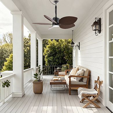 42" Tropical Style Black Leaf-Shaped Blades Ceiling Fan with Dimmable LED Light and Remote