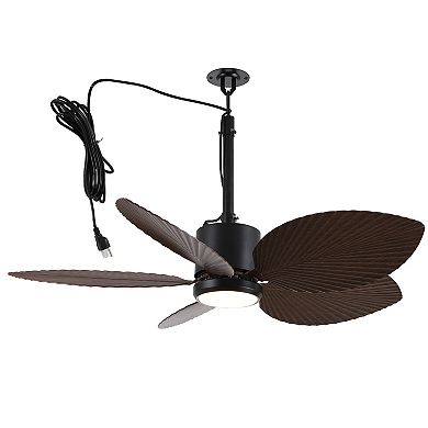 42" Tropical Style Black Leaf-Shaped Blades Ceiling Fan with Dimmable LED Light and Remote
