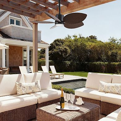 42" Tropical Style Black Leaf-Shaped Blades Ceiling Fan with Dimmable LED Light and Remote