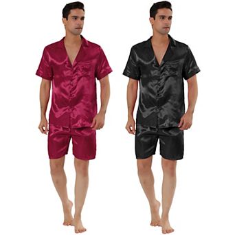 2 Packs Men's Summer Satin Pajama Sets Short Sleeve Nightwear Top and Shorts Loungewear Sleepwears