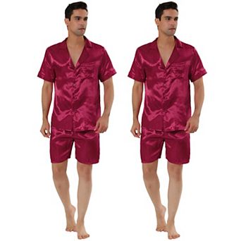 2 Packs Men's Summer Satin Pajama Sets Short Sleeve Nightwear Top and Shorts Loungewear Sleepwears