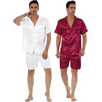 2 Packs Men's Summer Satin Pajama Sets Short Sleeve Nightwear Top and Shorts Loungewear Sleepwears