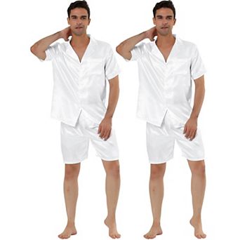 2 Packs Men's Summer Satin Pajama Sets Short Sleeve Nightwear Top and Shorts Loungewear Sleepwears