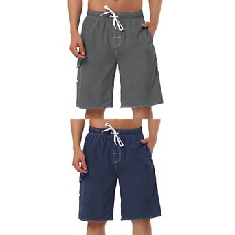 2 Packs Men's Summer Solid Shorts Drawstring Elastic Waist Swim Beach Board Shorts