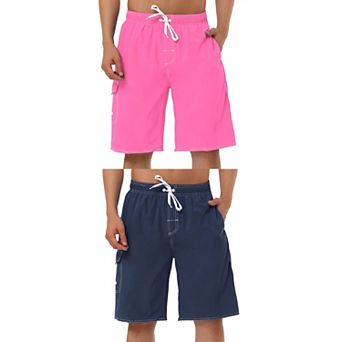 2 Packs Men's Summer Solid Shorts Drawstring Elastic Waist Swim Beach Board Shorts