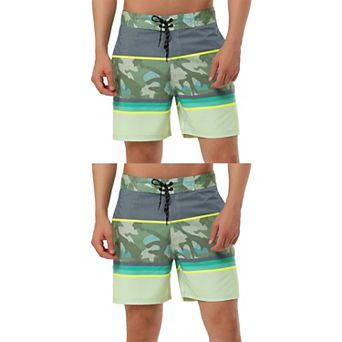 2 Packs Men's Summer Color Block Shorts Drawstring Stripe Swim Beach Board Shorts