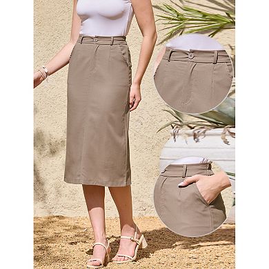 Cotton Linen Midi Skirt for Women Casual Back Slit High Waisted Skirt with Pockets
