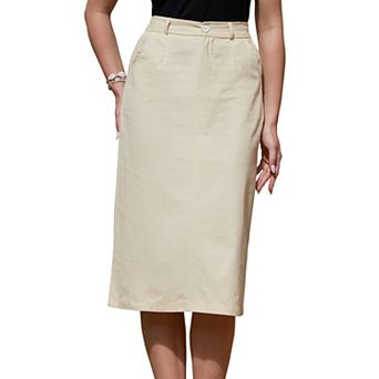 Cotton Linen Midi Skirt for Women Casual Back Slit High Waisted Skirt with Pockets