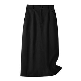 Cotton Linen Midi Skirt for Women Casual Back Slit High Waisted Skirt with Pockets