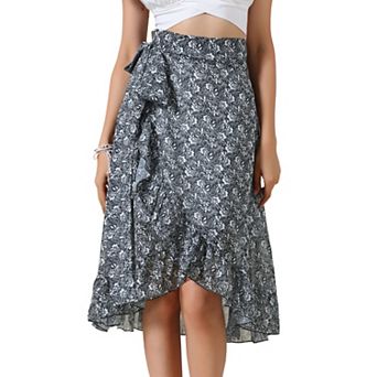 Floral Midi Skirt for Women's Summer Casual Ruffle Hem Tie Knot A-Line Flowy Skirts