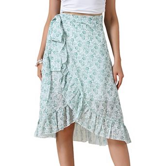 Floral Midi Skirt for Women's Summer Casual Ruffle Hem Tie Knot A-Line Flowy Skirts