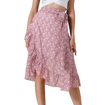 Floral Midi Skirt for Women's Summer Casual Ruffle Hem Tie Knot A-Line Flowy Skirts