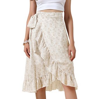 Floral Midi Skirt for Women's Summer Casual Ruffle Hem Tie Knot A-Line Flowy Skirts