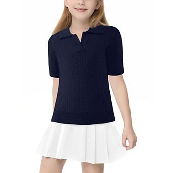 Girls Short Sleeve Polo Shirt Knit Sweater School Uniform Blouse V Neck Cable Pullover 5-14 Years