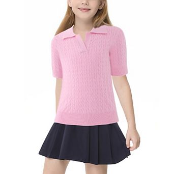 Girls Short Sleeve Polo Shirt Knit Sweater School Uniform Blouse V Neck Cable Pullover 5-14 Years