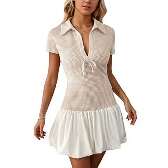 Women's Classic Polo Collar Bowknot Two-Tone Dress, Knit Top & Satin Ruffle Skirt Mini Dress