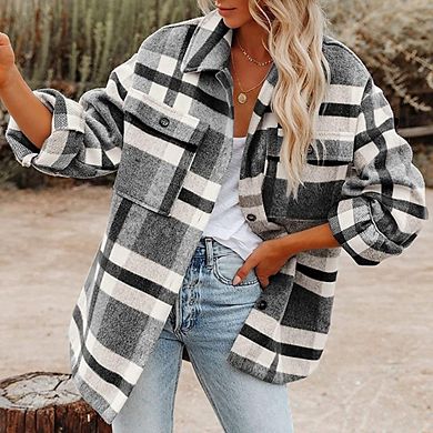 Women's Plaid Flannel Shirt Jacket Button Down Overshirt with Front Pockets
