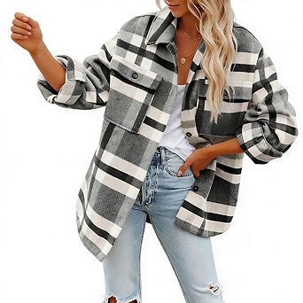 Women's Plaid Flannel Shirt Jacket Button Down Overshirt with Front Pockets