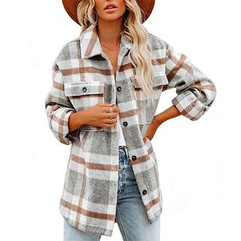 Women's Plaid Flannel Shirt Jacket Button Down Overshirt with Front Pockets