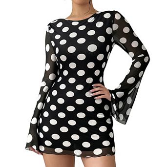 Polka Dot Sheer Long Sleeve Mini Dress for Women - Stretchy Bodycon Party Clubwear