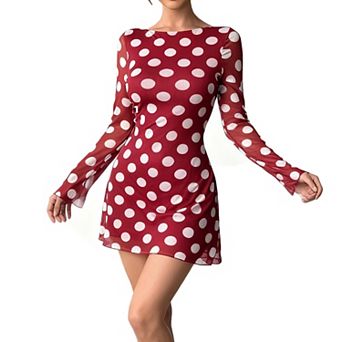 Polka Dot Sheer Long Sleeve Mini Dress for Women - Stretchy Bodycon Party Clubwear