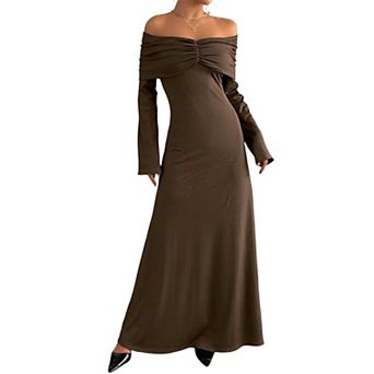 Women's Solid Texture Off-Shoulder Long Sleeve Maxi Dress, Ruched V-Neck Casual T-Shirt Dress
