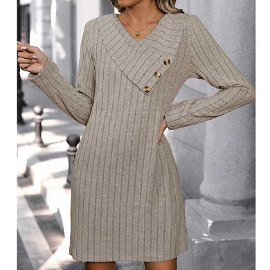 Women's Solid Ribbed Knit Dress, Button Asymmetrical Collar Long Sleeve Straight Fit Mini Dress