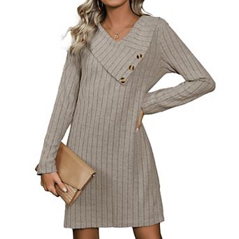 Women's Solid Ribbed Knit Dress, Button Asymmetrical Collar Long Sleeve Straight Fit Mini Dress