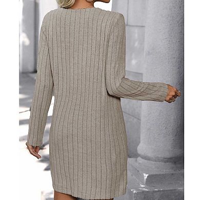 Women's Solid Ribbed Knit Dress, Button Asymmetrical Collar Long Sleeve Straight Fit Mini Dress