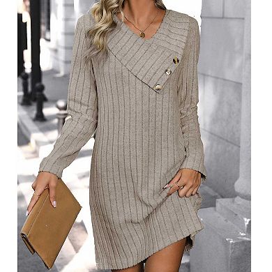 Women's Solid Ribbed Knit Dress, Button Asymmetrical Collar Long Sleeve Straight Fit Mini Dress