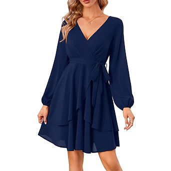 Women's Dresses V-Neck Long Bell Sleeve Midi Dress with Tie Waist