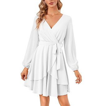 Women's Dresses V-Neck Long Bell Sleeve Midi Dress with Tie Waist